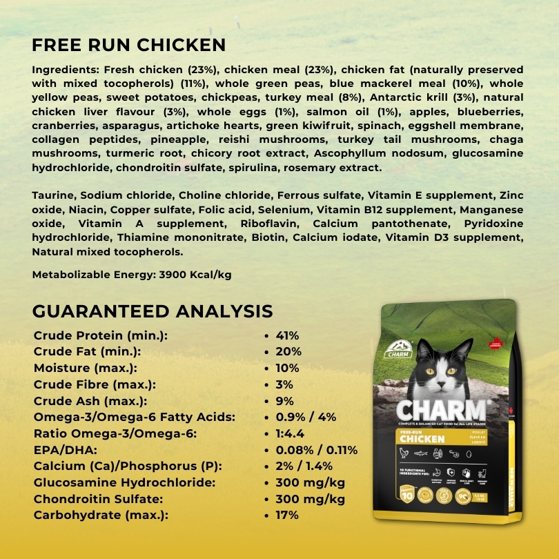CHARM FREE-RUN CHICKEN 4.5Kg CAT + Free 2 bags of 340g